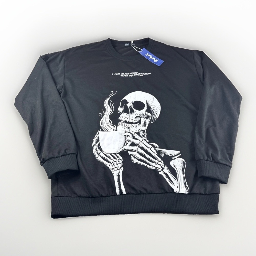 Romwe Skelton Sweatshirt Mens XL Black Coffee Skull Crewneck Sweater NWD READ